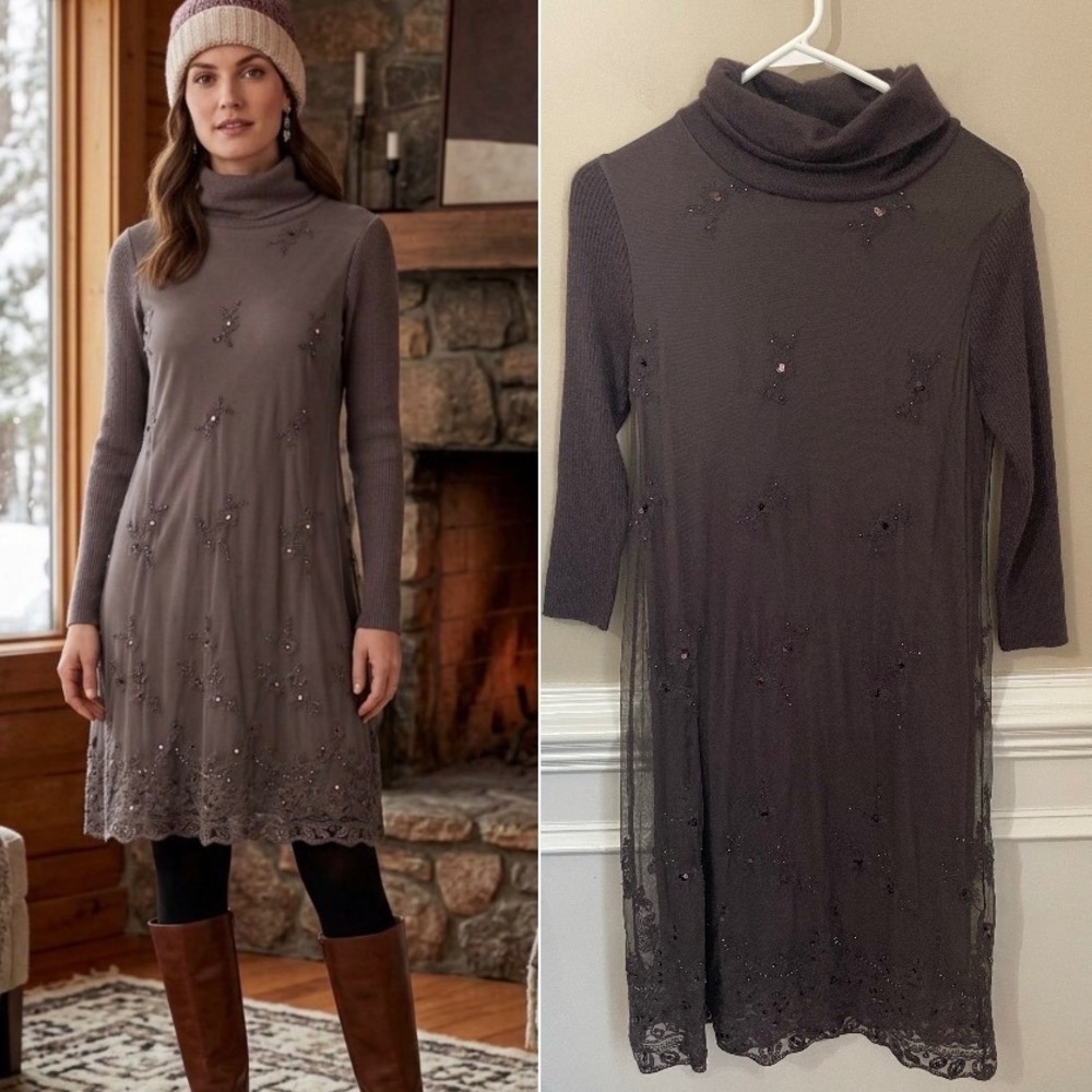 Sundance Eventide Cowl Neck Beaded Mixed Media Dress Brown Size XS NWOT